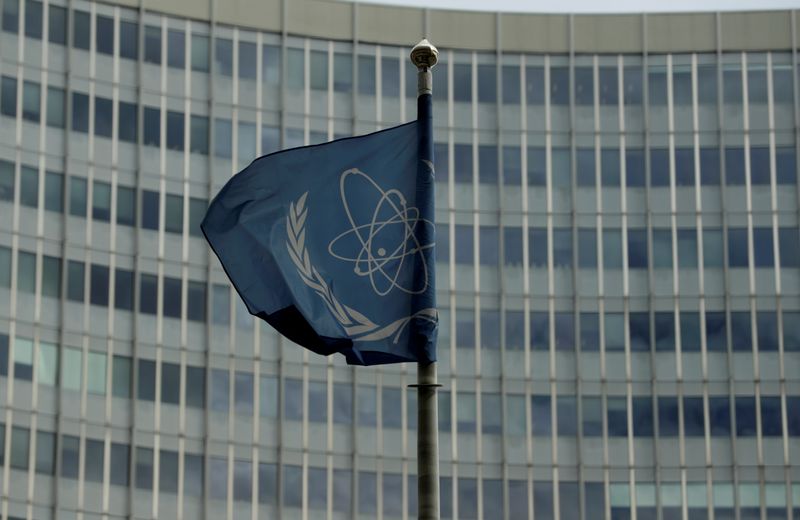 The flag of the International Atomic Energy Agency (IAEA) flutters