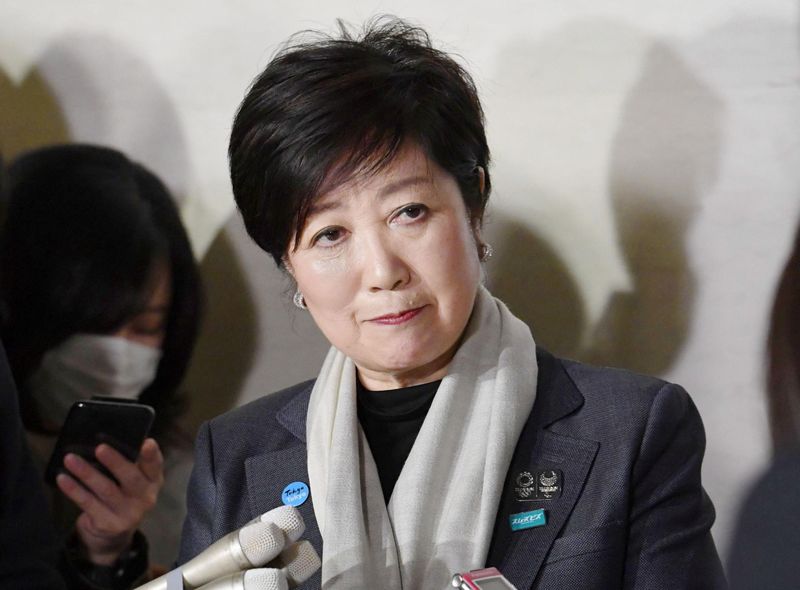 Tokyo Governor Yuriko Koike speaks to the media after a