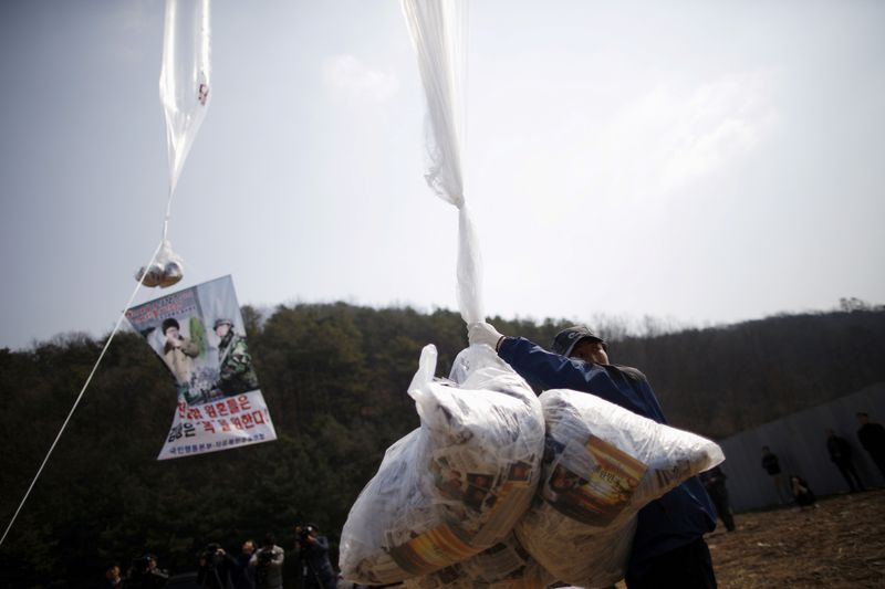FILE PHOTO: Park Sang-Hak holds a balloon containing leaflets denouncing