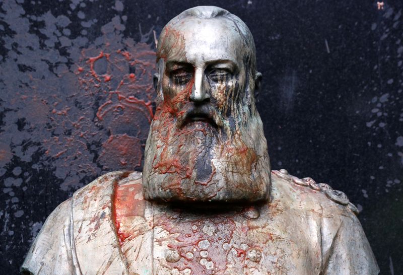 A statue of former Belgian King Leopold II, a controversial