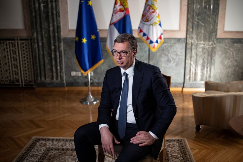 Serbian President Aleksandar Vucic attends an interview with Reuters in