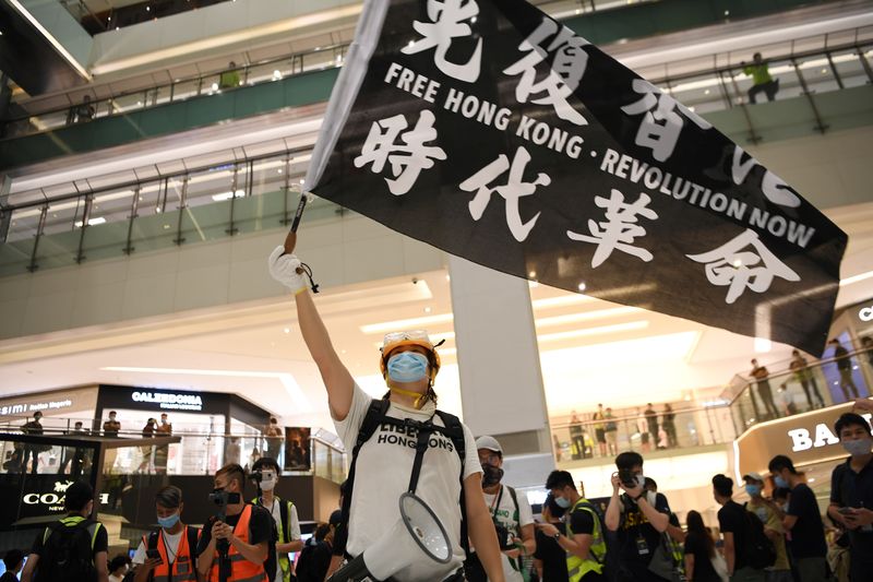 Pro-democracy protesters waves a banner during a protest at the