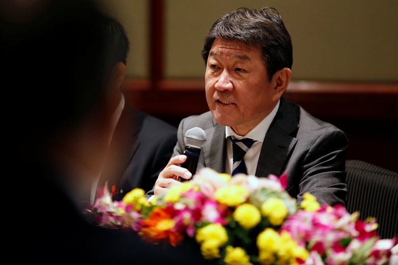 Japanese Foreign Minister Toshimitsu Motegi speaks during his meeting with