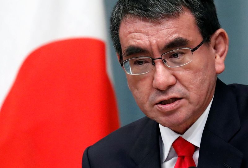 Japan’s Defence Minister Kono attends a news conference at PM