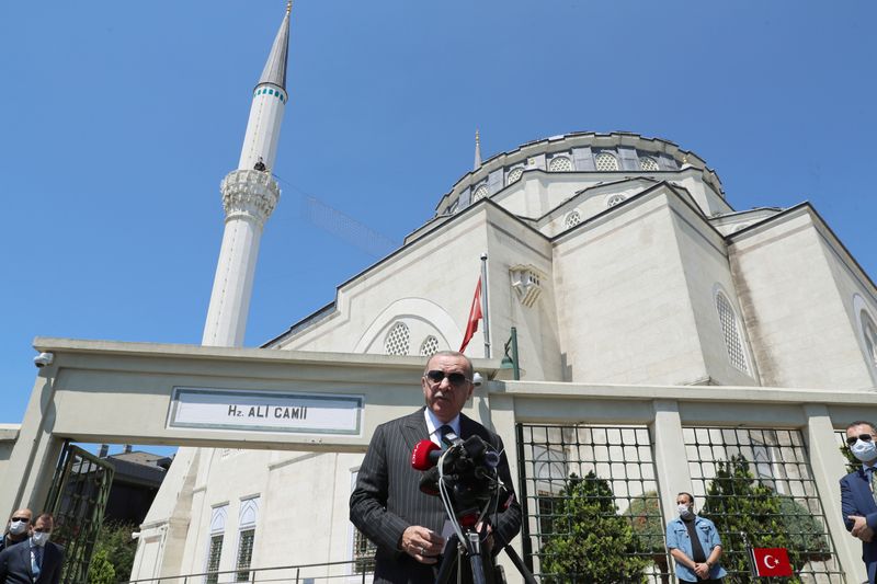 Turkish President Erdogan talks to media following the Friday prayers