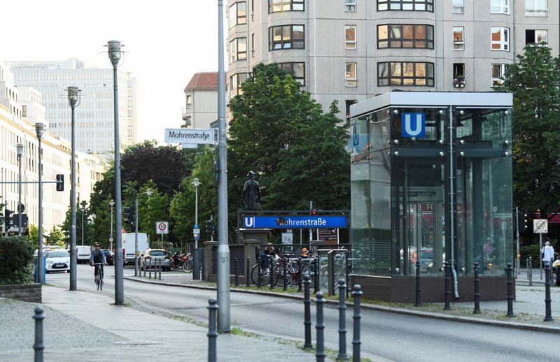The entrance of “Mohrenstrasse” subway station is seen in central