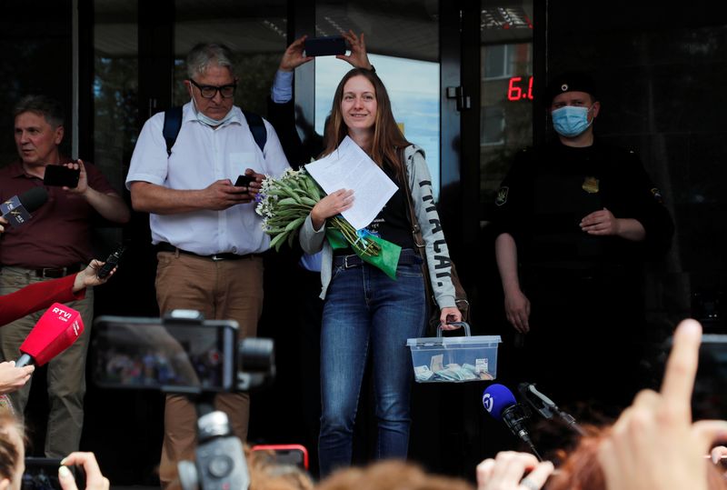 Russian journalist Svetlana Prokopyeva leaves after a court hearing in