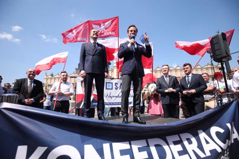 Poland’s far-right grouping Konfederacja’s presidential candidate Bosak speaks during an