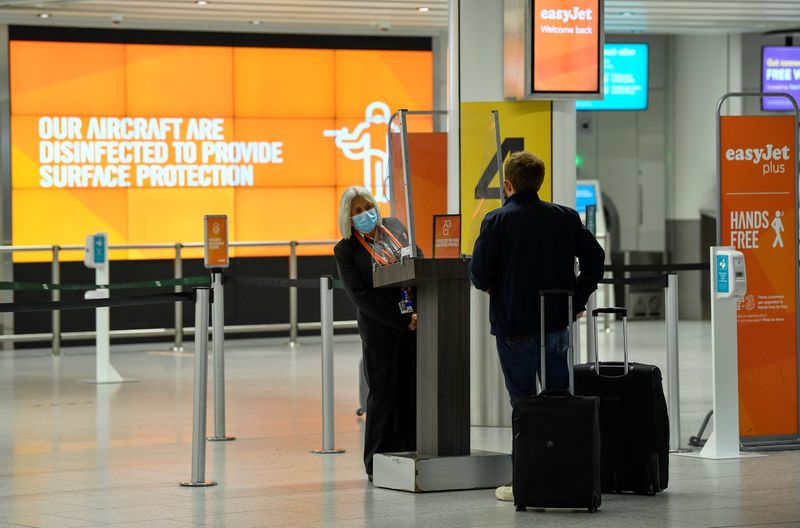 Passenger checks in at an Easy Jet checking area at