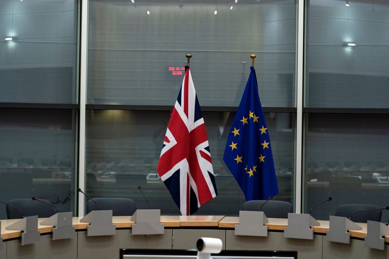 British Union Jack and EU flags are pictured before the