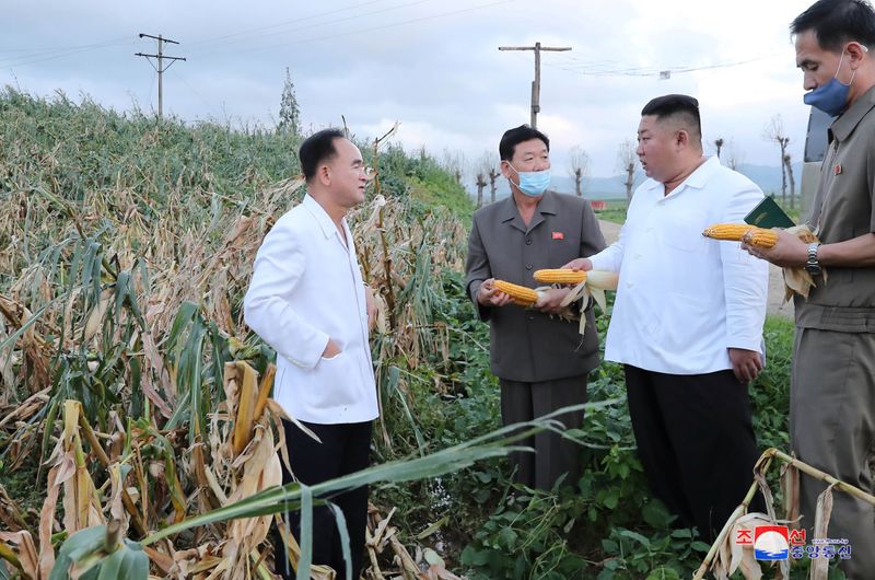 North Korean leader Kim Jong Un inspects the typhoon-damaged area