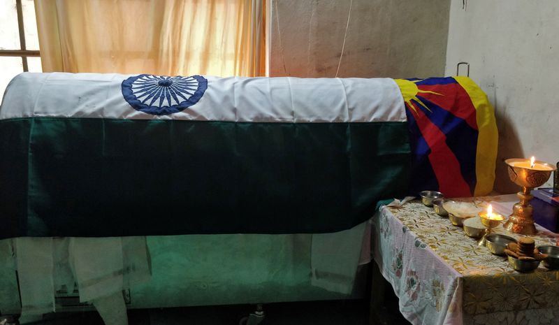 A coffin containing the body of Tenzin Nyima is pictured