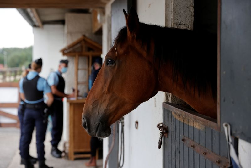 French gendarmes patrol at an equestrian club in Grand-Laviers