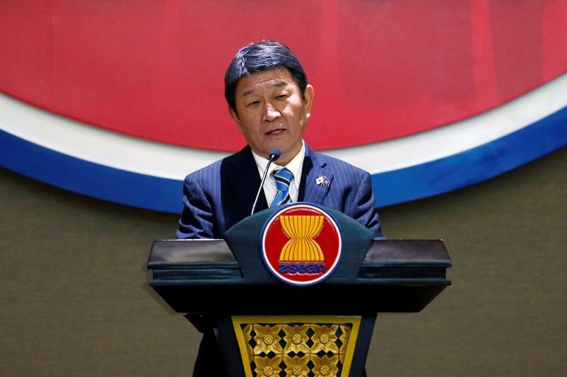 Japanese Foreign Minister Toshimitsu Motegi delivers his speech at ASEAN’s