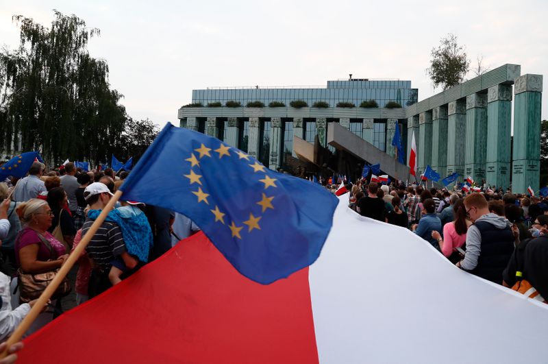 People wave EU and Polish flags during a protest against