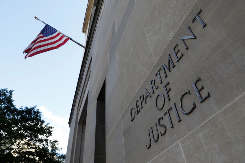 Signage is seen at the United States Department of Justice