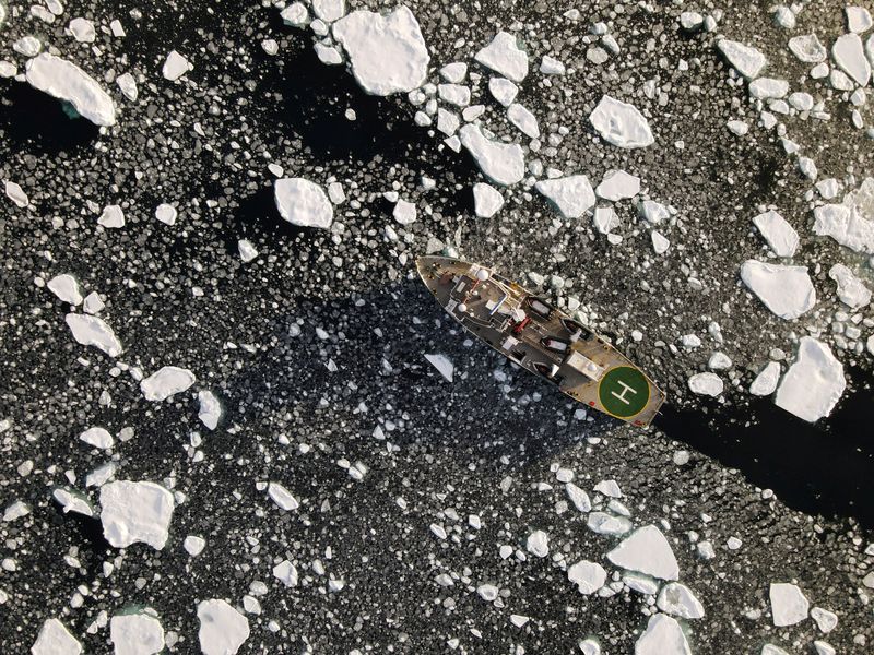 Greenpeace’s Arctic Sunrise ship navigates through floating ice in the