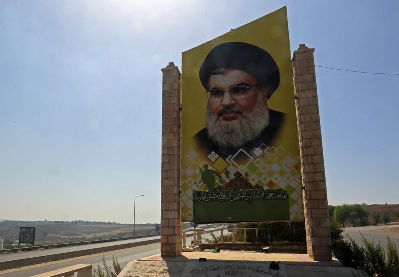 A picture of Lebanon’s Hezbollah leader Sayyed Hassan Nasrallah is