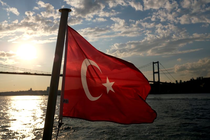 FILE PHOTO: A Turkish flag with the Bosphorus Bridge in