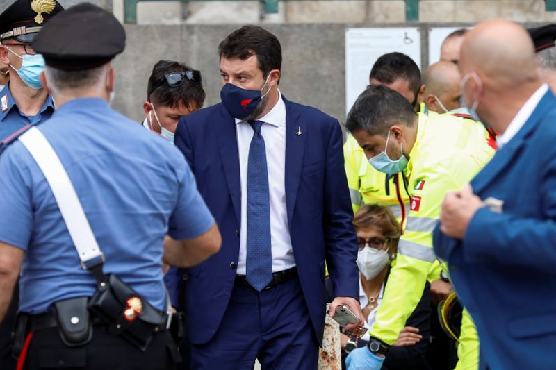 Far-right leader Salvini stands outside the court in Catania