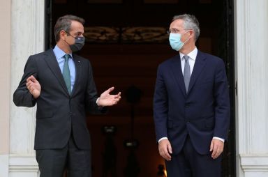 Greek Prime Minister Kyriakos Mitsotakis welcomes NATO Secretary General Jens