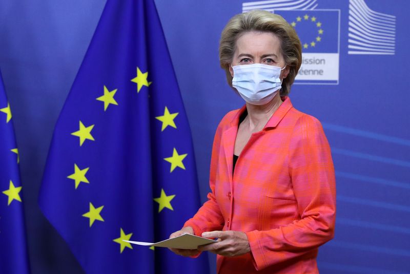 European Commission President Ursula von der Leyen arrives to deliver