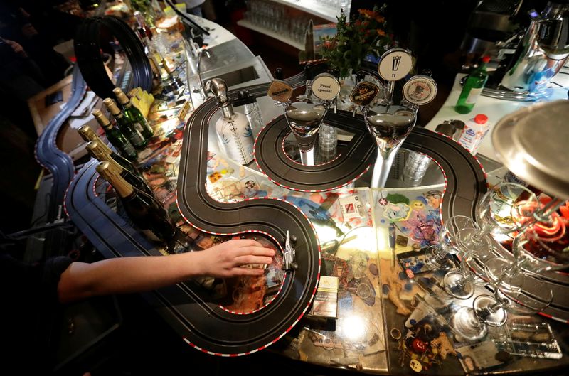 An electric car track is seen at a cafe bar