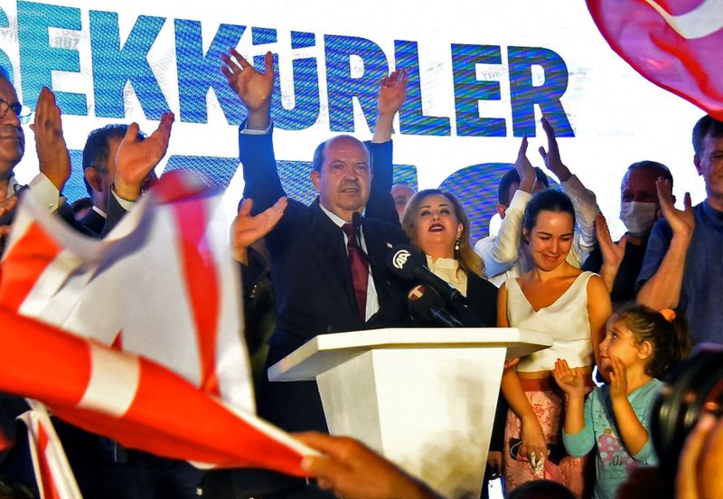 Turkish Cypriot politician Ersin Tatar celebrates his election victory
