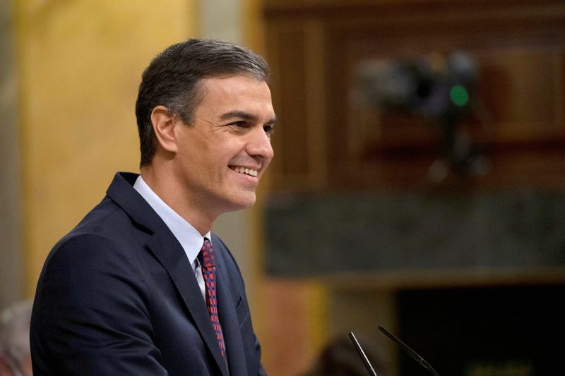 Spanish Prime Minister Pedro Sanchez delivers his speech during a