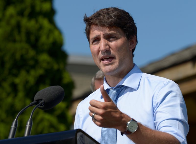 Canada’s Prime Minister Justin Trudeau speaks in Niagara-on-the-Lake Ontario