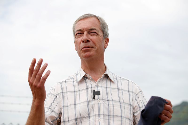 FILE PHOTO: British Brexit Party leader Nigel Farage speaks during