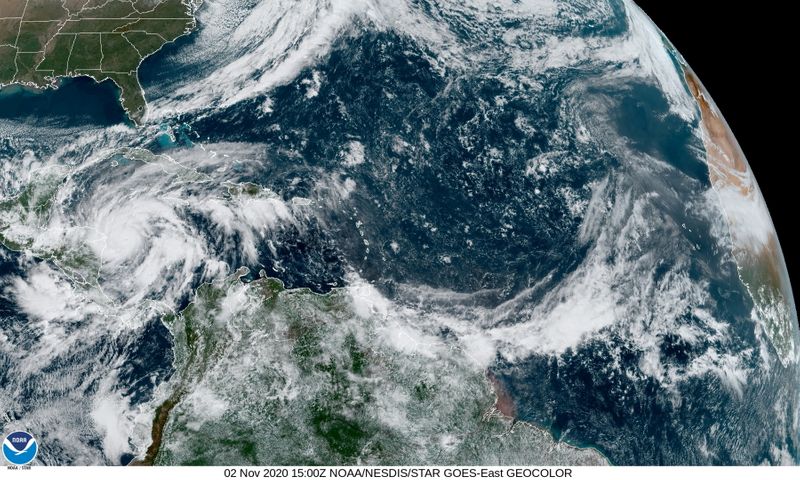 Hurricane Eta is seen churning in the Caribbean Sea toward