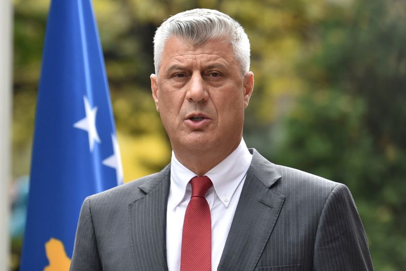 Kosovo’s President Thaci is pictured during news conference as he