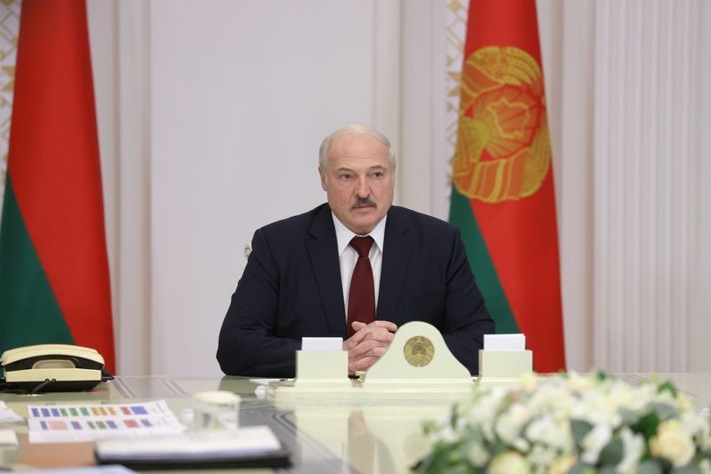 Belarusian President Lukashenko attends a meeting in Minsk