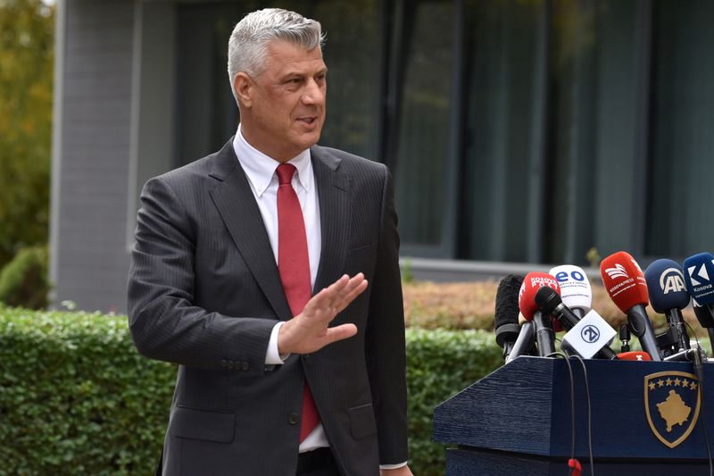 Kosovo’s President Thaci is pictured during news conference as he
