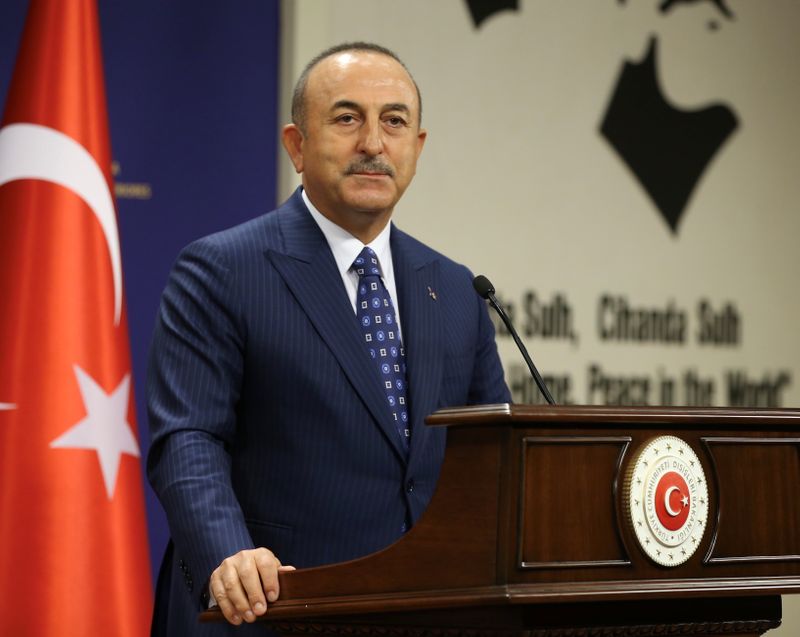Turkish Foreign Minister Cavusoglu is pictured during a news conference