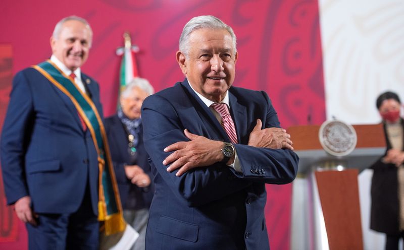 Mexico’s President Andres Manuel Lopez Obrador gestures during a news