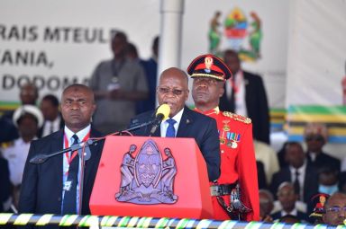 Tanzania’s re-elected President John Pombe Magufuli addresses delegates and supporters