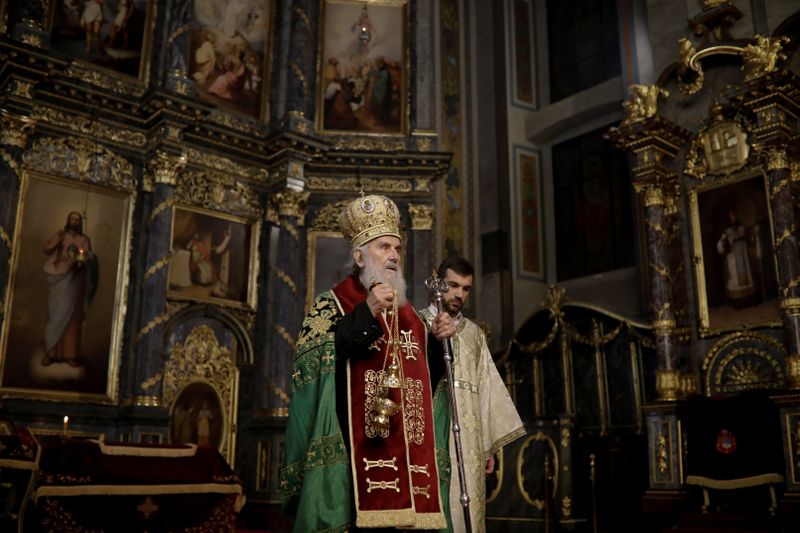 FILE PHOTO: Serbian Patriarch Irinej conducts the Orthodox Easter service