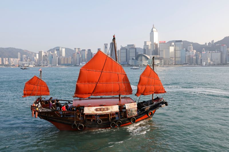 Sailing on traditional wooden tourist junk boat “Dukling” in Hong