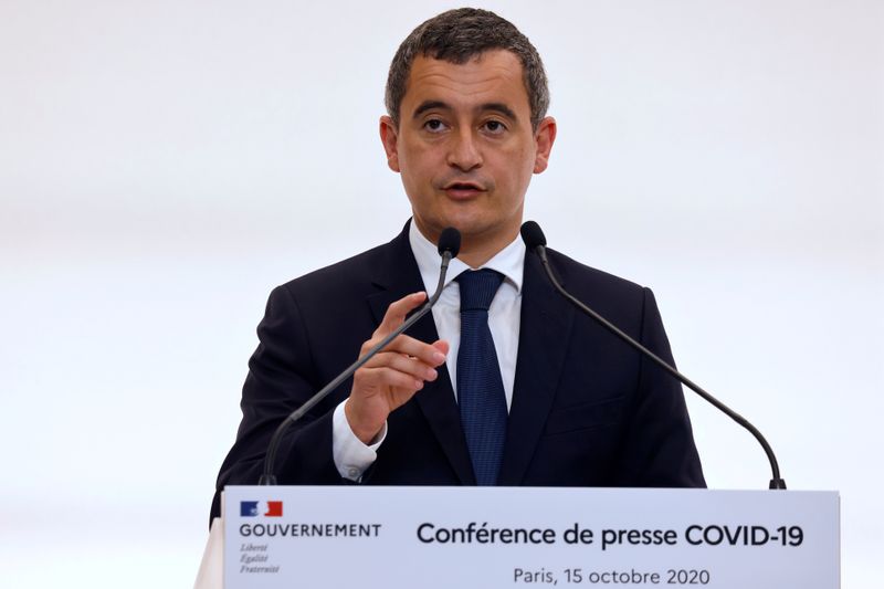 FILE PHOTO: French Interior Minister Gerald Darmanin speaks during a