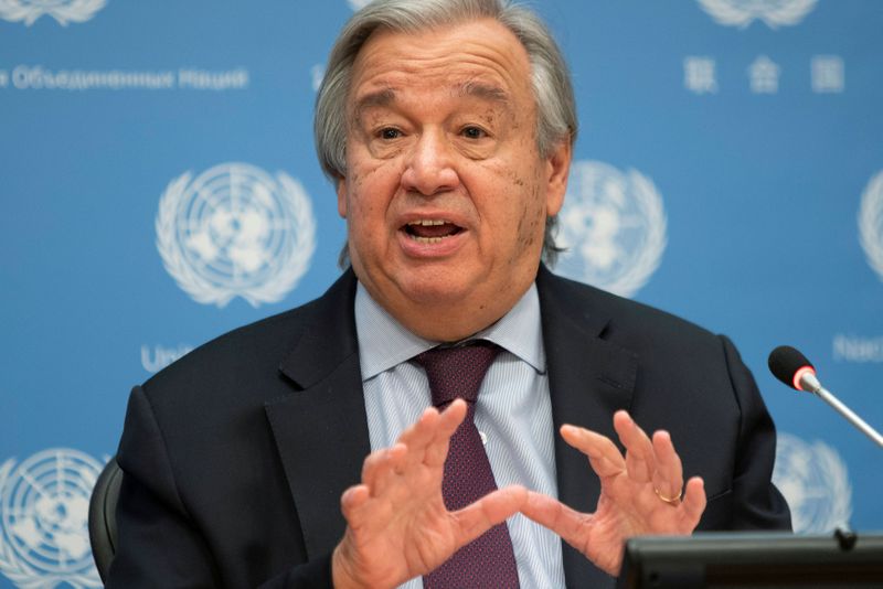 United Nations Secretary-General Guterres speaks during a news conference at