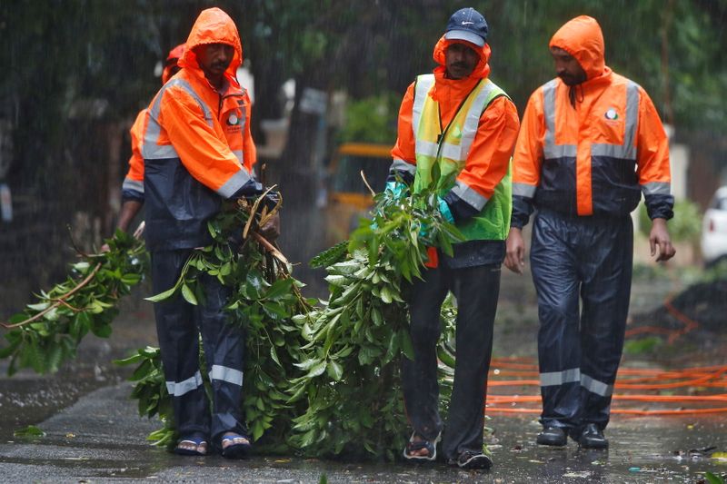 Municipal workers remove fallen tree branches from a road during
