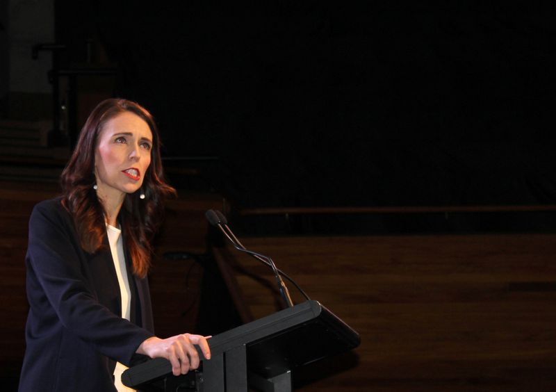 Prime Minister Jacinda Ardern addresses her supporters at a Labour