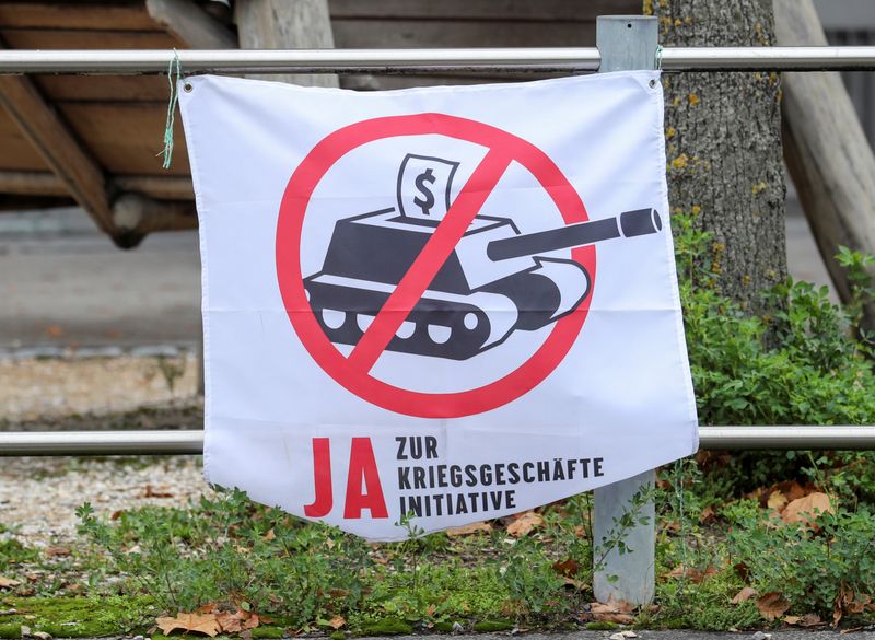 FILE PHOTO: A banner reading “Yes to war business initiative”