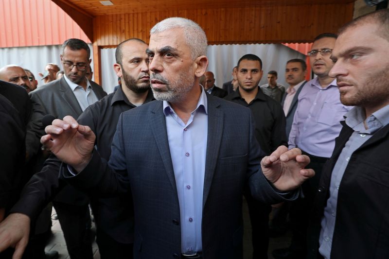 FILE PHOTO: Gaza’s Hamas Chief Al-Sinwar talks to media before