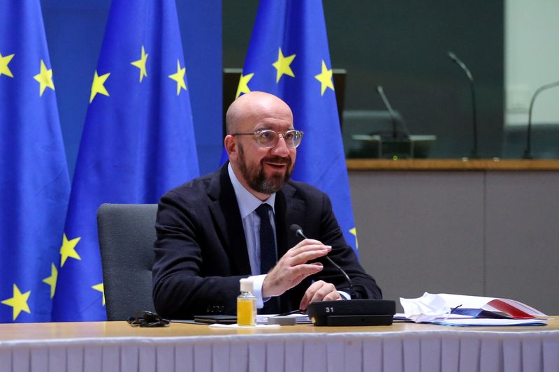 EU Council President Charles Michel attends a video conference with