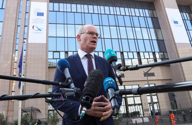 Irish Foreign Minister Simon Coveney, speaks to the media, in