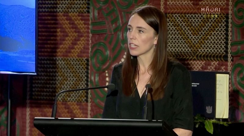 New Zealand’s Prime Minister Jacinda Ardern speaks during the one-year