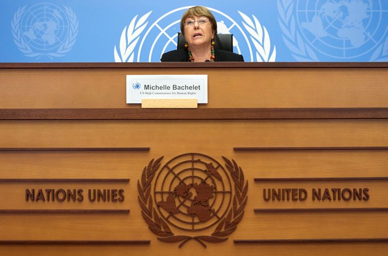 U.N. High Commissioner for Human Rights Bachelet attends a news